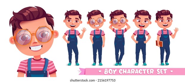 Student boy vector character set. Male characters collection in eyeglasses with standing, waving and friendly pose and gestures for student education expression design. Vector illustration.
