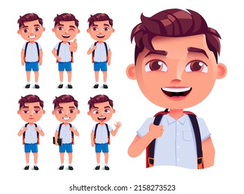 Student boy vector character set design. Male school characters isolated in white background with smiling, funny and friendly pose and facial gestures for back to school kids collection.