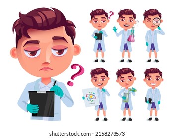 Student boy vector character set design. Male characters scientist collection in lab coat with friendly and confused facial expression for science laboratory school kids activity. Vector illustration.