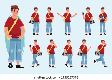 Student Boy Vector Illustration Set. Student Set With Different Postures. Cartoon Flat Young Boy Standing With Backpack, Studying, Book, Smile, Phone, Walk,happy, Chatting, Messaging, Red, Gray, Blue.