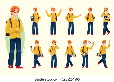 Student Boy Vector Illustration Set. Student Set With Different Postures. Cartoon Flat Young Boy Standing With Backpack, Studying, Book, Smile, Phone, Walk,happy, Chatting, Messaging, Yellow, Gray