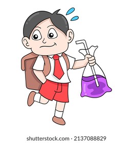 estudiante caminando desde la escuela llevando hielo en una bolsa de plástico, ilustración vectorial art.