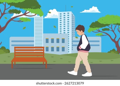 Student boy walking in the park, Cute Boy Character Walking in the Park Vector Illustration