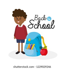 student boy wearing uniform with backpack and apple