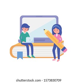 student boy and woman with laptop book pencil education learning online vector illustration