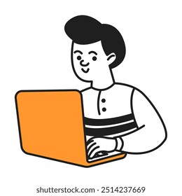 Menino estudante trabalhando em linha de doodle laptop e ilustração de cor. Aluno fazendo dever de casa linear esboço vetor pessoa