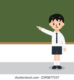 Student boy writing on blackboard vector illustration. School teaching. Students are attending class. Do homework. go to school. back to school. Used for educational images.