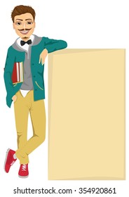 student boy wtih mustache leaning against a blank board with copyspace for text