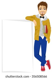 student boy wtih mustache leaning against a blank board with copyspace for text