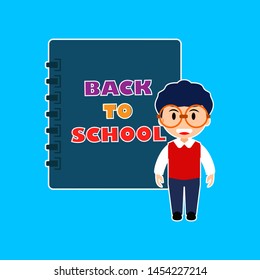 Student Boys in Front of book With Back to School Drawings Written in Background - Vector 
Illustration