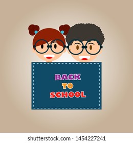Student Boys and Girls in Front of Blackboard With Back to School Drawings Written in 

Background - Vector Illustration