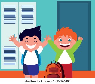 student boys in school corridor with lockers, back to school vector illustration design