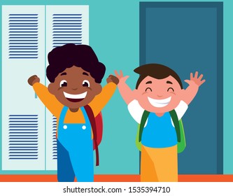 student boys in school corridor with lockers, back to school vector illustration design