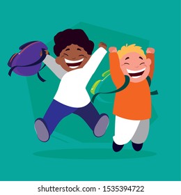 student boys with school suitcase, back to school vector illustration design