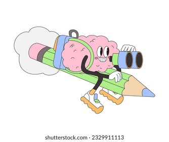 El cerebro estudiantil de la escuela primaria o secundaria en busca de conocimiento. Alegre alumno con mosca binocular sobre lápiz aislado en blanco. Funky groovy personaje cómico de dibujos animados. De vuelta al concepto escolar.