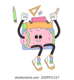 Student brain go to elementary or middle school vector illustration. Cheerful pupil with backpack jump happily isolated on white. Creative groovy cartoon comic character. Back to school concept.