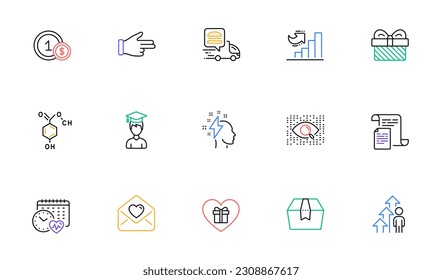Student, Brainstorming and Love letter line icons for website, printing. Collection of Gift, Click hand, Package box icons. Growth chart, Artificial intelligence, Documents web elements. Vector