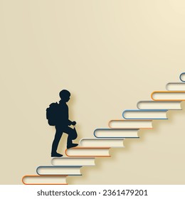 A student with a briefcase and bag climbs the stairs from books to new knowledge.