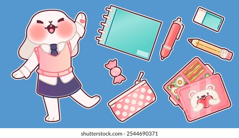 Student bunny character wearing uniform with tie, surrounded by notebook and pen, wooden pencil and dotted case, lunch box and pink candy. Kawaii illustration for educational back to school stickers.