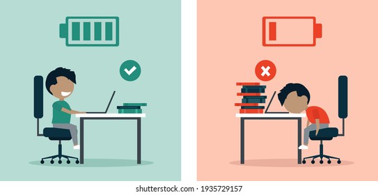 Student burnout concept. Vector of a happy energetic boy vs exhausted sleepy child 