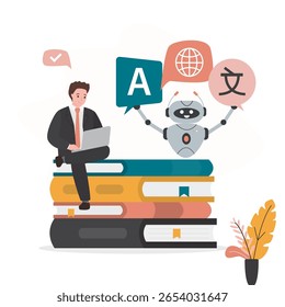 Estudante ou empresário sentado em livros e usa laptop. Estudante conversando e aprendendo língua estrangeira com rede neural. AI chat bot ajudando textos de tradução ou educação multilíngue. vetor plano