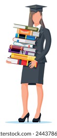 Estudiante empresaria sosteniendo una pila de libros. Mujer de negocios en gorra de graduación. Educación y estudio. Éxito empresarial, triunfo, meta o logro. Ganadora de la competición. Ilustración vectorial plana