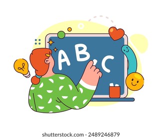 Student by blackboard pointing at letters of alphabet. Vector flat character at English language lessons, classes in school or college. Obtaining knowledge, teaching and schooling