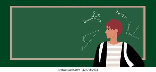 Studierende c bonnet an der Tafel, flache Vektorgrafik als Kopienraumvorlage