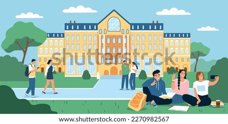 Student campus flat composition with university building on background vector illustration