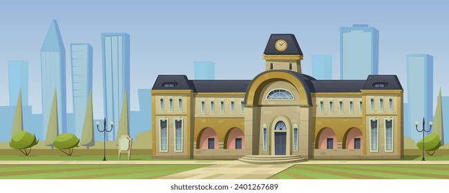 Student campus, university building or city hall. 20th century building, clock tower. City park with green trees and lawn, street lights and path. City buildings on the horizon. Vector cartoon