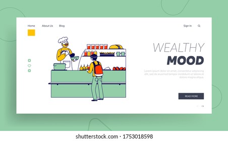 Student In Canteen Or Cafeteria Landing Page Template. Schoolboy At Counter Desk With Chef Character In School Cafe. Child Taking Meal For Dining In College. Linear People. Linear Vector Illustration