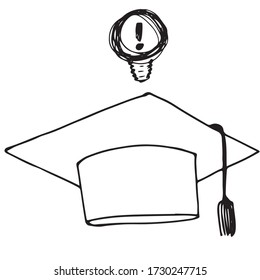 Student cap in doodle style on a white background. Vector knowledge icon with a light bulb. Stock illustration in hand drawing style. Element for design and decoration.