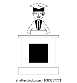 student in cap and gown graduation speech from a tribune stand