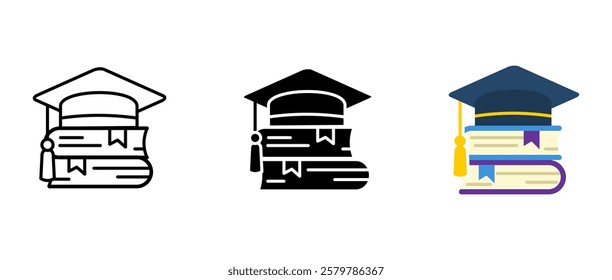 Student cap on the books icon. University or school education sign. Science or literature academic degree symbol. Back to school illustration.