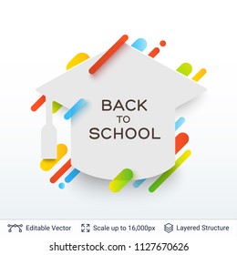 Student cap silhouette and text. Back to school badge sticker with bright stripes.