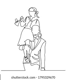 A student carries a first-grader student with a bell continuous one line drawing. Beginning of the school year at a school. First day at a school.back to school one line. Russian tradition.