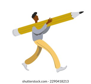 The student carries a large pencil on his shoulder. Education, drawing, creating, blogging, concept. Flat design style minimal vector illustration.