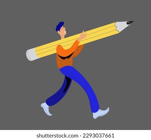 The student carries a large pencil on his shoulder. Education, drawing, creating, blogging, concept. Flat design style minimal vector illustration. 