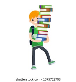 Student carries large pile of books. Heavy load in hands of man with backpack. Study problems and exam. Funny comedian situation. Tower of volumes of paper. Balancing textbooks. education and lesson