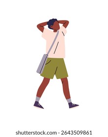 Student carries schoolbag side view. African American boy with backpack goes to school for learning, study. Relaxed black kid with bag walks. Flat isolated vector illustration on white background