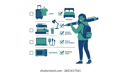 Student carrying a backpack and giant pencil beside a dorm packing checklist in duotone vector illustration ideal for back to school content.