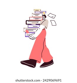 Estudiante llevando muchos libros, pila. Hombre feliz aprendiz, lector sosteniendo pila de libros de texto, literatura para leer y estudiar, yendo de la biblioteca. Ilustración vectorial plana aislada sobre fondo blanco