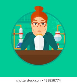 Student carrying out experiment in science class. Student working at laboratory class. Student clutching head at chemistry class. Vector flat design illustration in the circle isolated on background.
