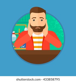 Student carrying out experiment in science class. Student working at laboratory class. Student clutching head at chemistry class. Vector flat design illustration in the circle isolated on background.