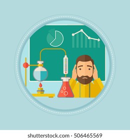 Student carrying out experiment in science class. Student working at laboratory class. Student clutching head at chemistry class. Vector flat design illustration in the circle isolated on background.