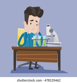 Student, der ein Experiment durchführt. Studierende, die in der Laborklasse arbeiten. Schüler, der seinen Kopf in der Chemieklasse klatscht, wegen fehlgeschlagenen Experiments. Vektorflache Design-Illustration. Quadratisches Layout.