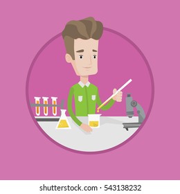 Estudiante llevando a cabo un experimento. Estudiante trabajando con tubos de ensayo en clase de laboratorio. Estudiante experimentando en clase de laboratorio. Ilustración de diseño plana vectorial en el círculo aislado en el fondo.