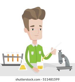 Student carrying out laboratory experiment. Student working with microscope at laboratory class. Student experimenting in laboratory. Vector flat design illustration isolated on white background.