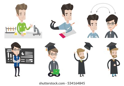 Student carrying out laboratory experiment. Student working with microscope at laboratory class. Student experimenting in laboratory. Set of vector flat illustrations isolated on white background.