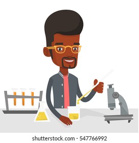 Student carrying out laboratory experiment. Student working with microscope at laboratory class. Student experimenting in laboratory. Vector flat design illustration isolated on white background.